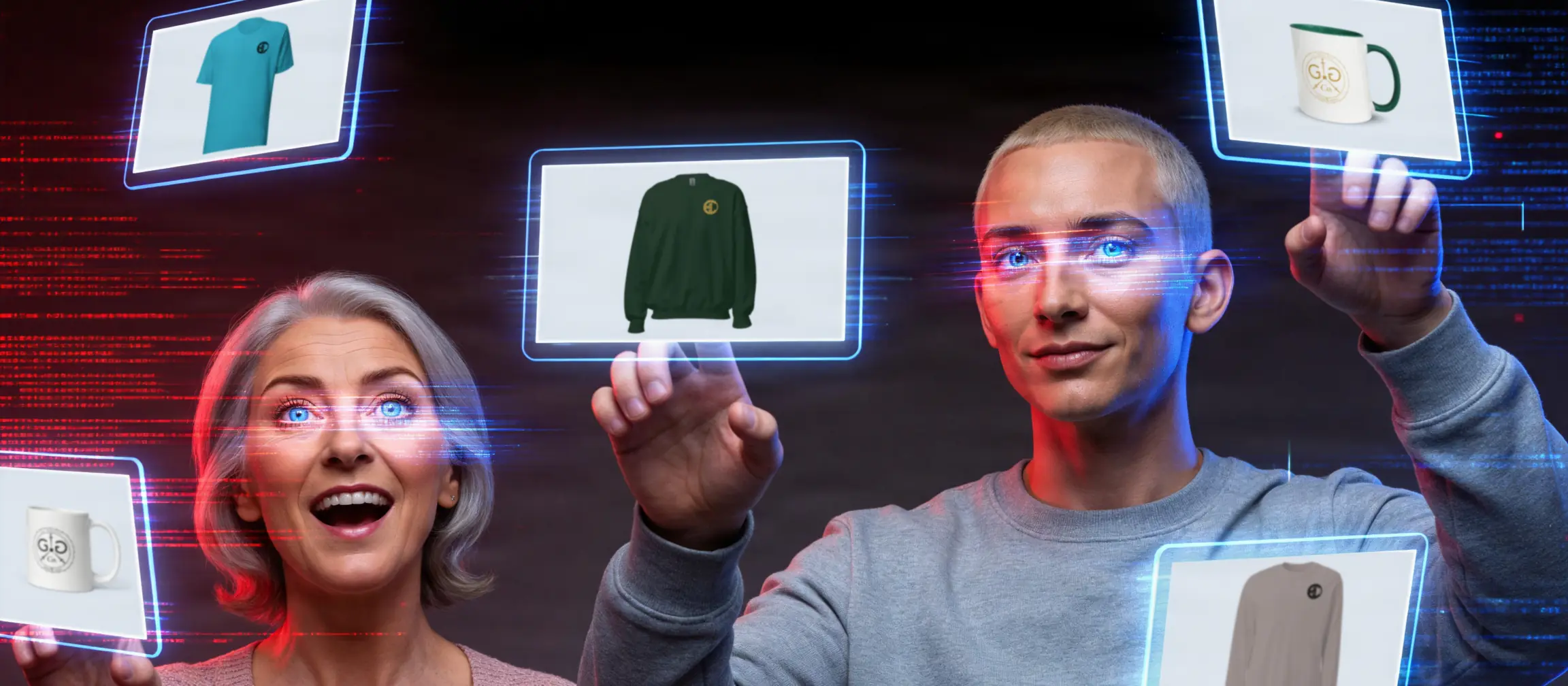 Two recurring characters of the GG Co. channel reaching toward floating screens showing GG Co. goods — a tee, a crewneck, mugs and a long sleeve