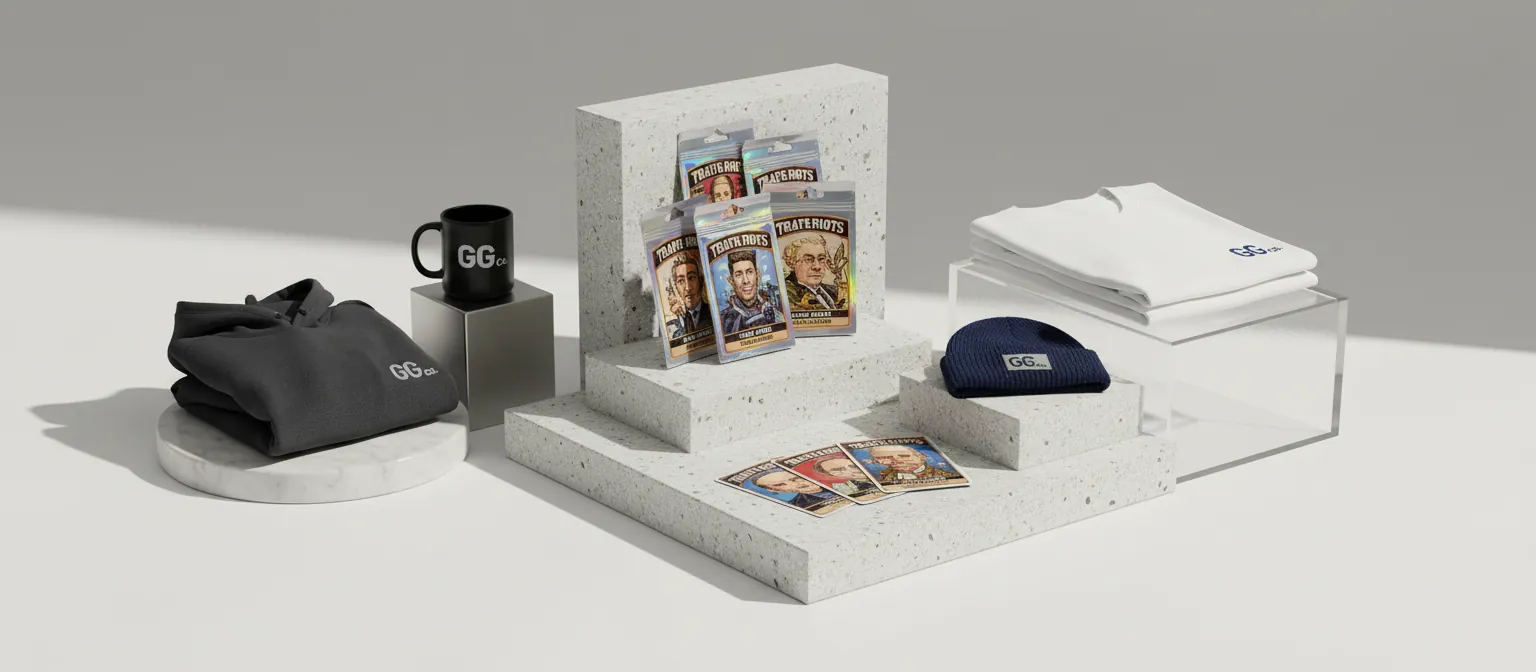 The GG Co. product family — hoodie, mug, card packs, tee, and beanie