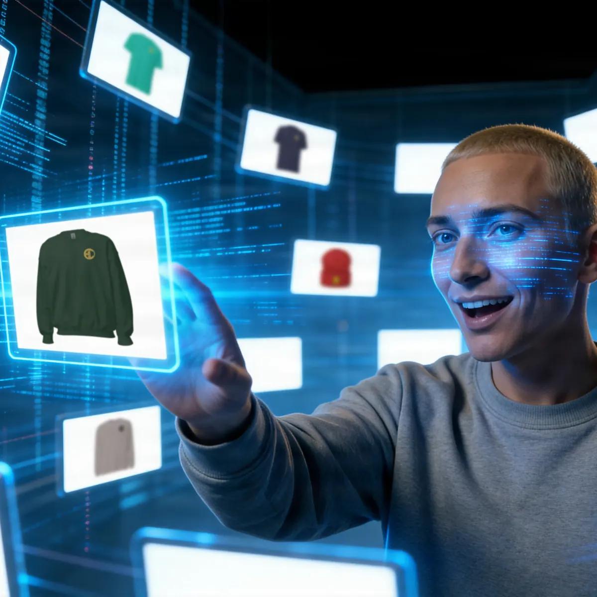 Lance, a recurring character of the GG Co. channel, reaching toward a floating screen showing a forest-green GG Co. crewneck, further garments on screens around him