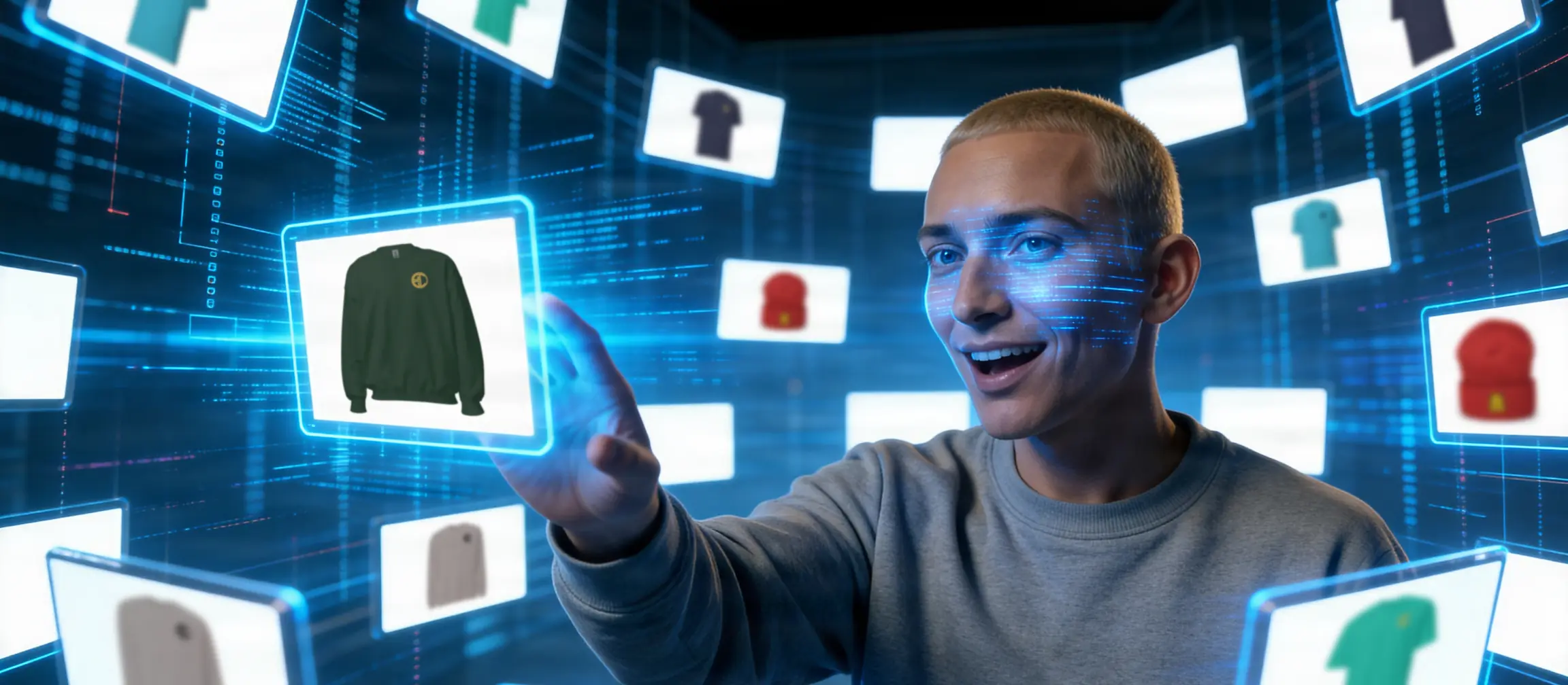 Lance, a recurring character of the GG Co. channel, reaching toward a floating screen showing a forest-green GG Co. crewneck, further garments on screens around him
