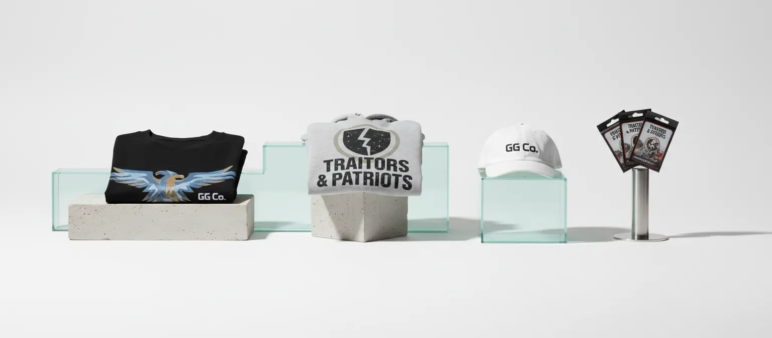GG Co. apparel — tees, cap, and card packs