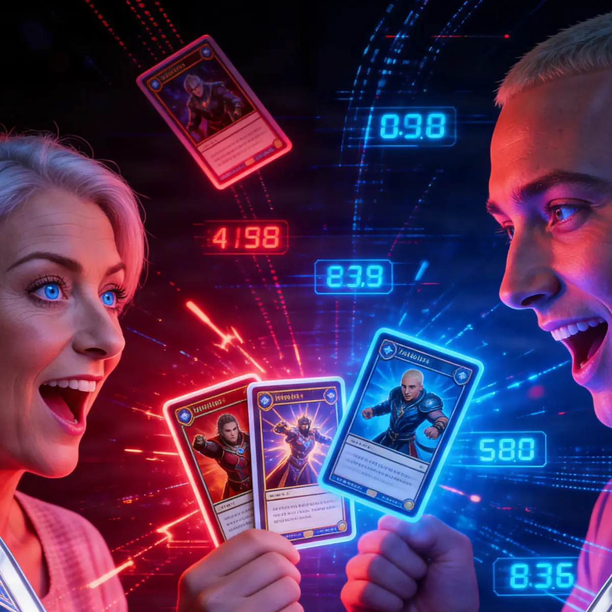 Two recurring characters of the GG Co. channel facing each other, holding SatireVeritas card packs and cards