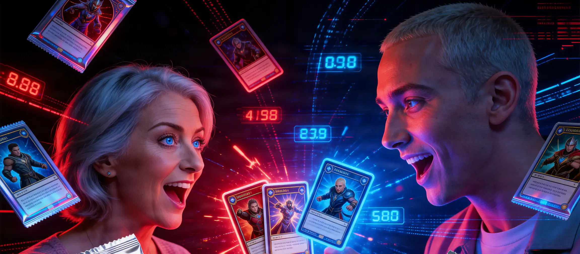 Two recurring characters of the GG Co. channel facing each other, holding SatireVeritas card packs and cards