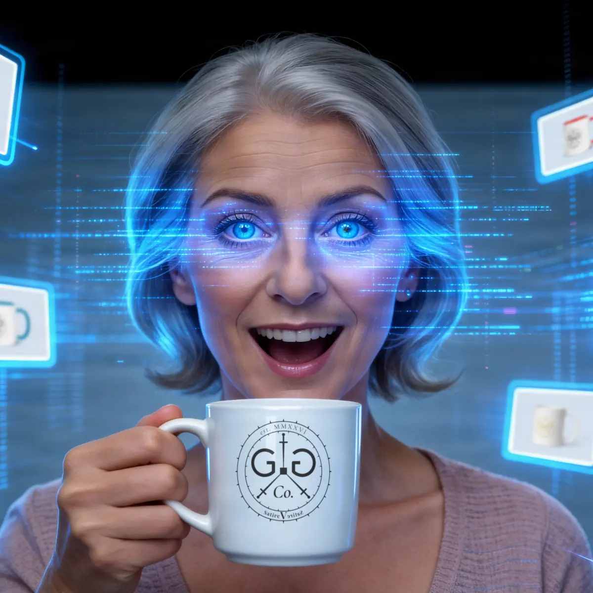 Allison, a recurring character of the GG Co. channel, holding a white mug printed with the GG Co. seal, further mugs on screens around her