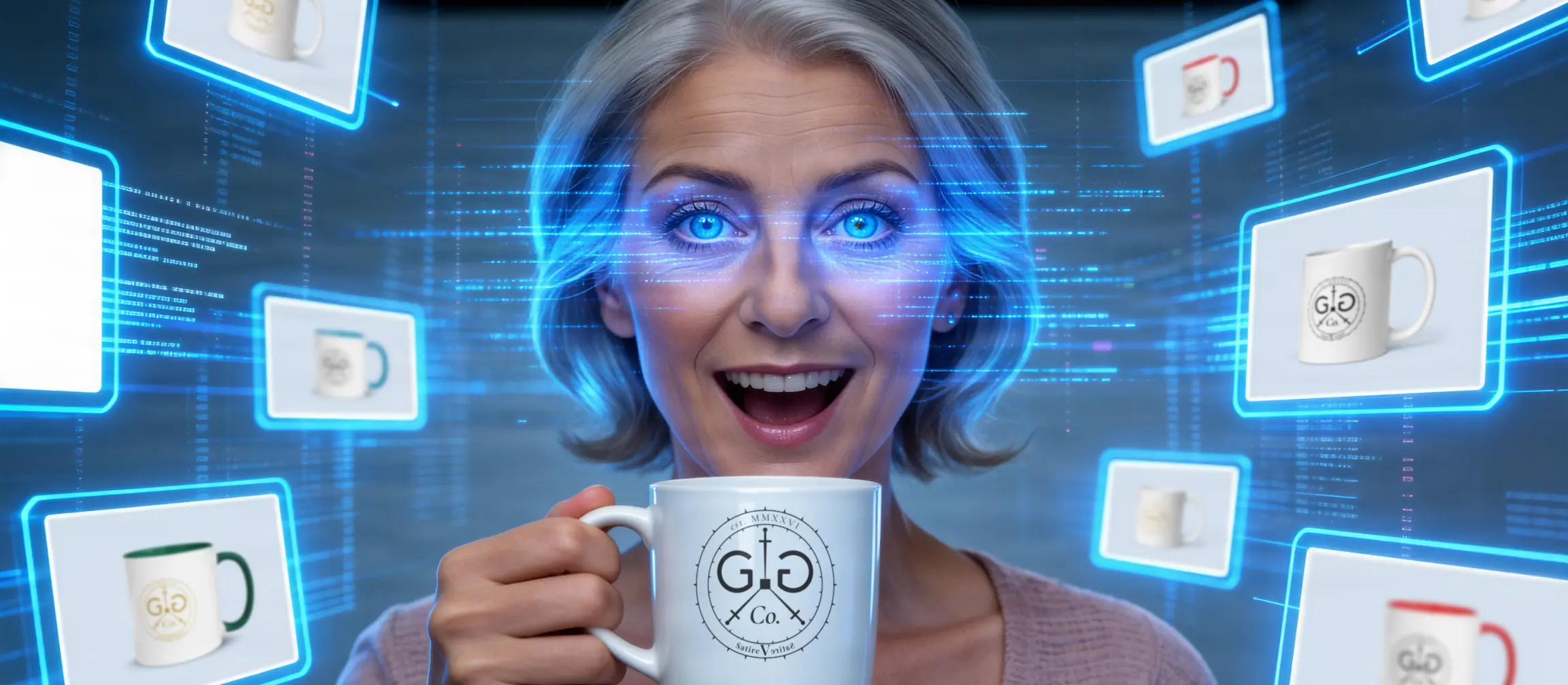 Allison, a recurring character of the GG Co. channel, holding a white mug printed with the GG Co. seal, further mugs on screens around her
