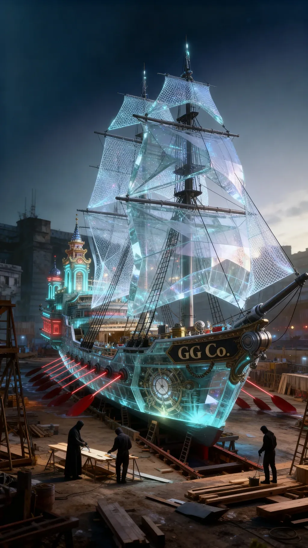 A glass sailing ship at a night shipyard, GG Co. lettered on the stern