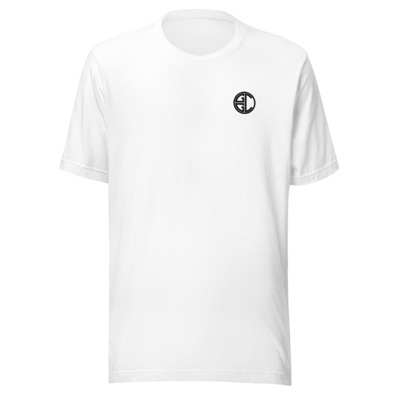 GG Co. monogram embroidery, black thread — Bella+Canvas 3001 Tee — White — vendor mockup, provisional