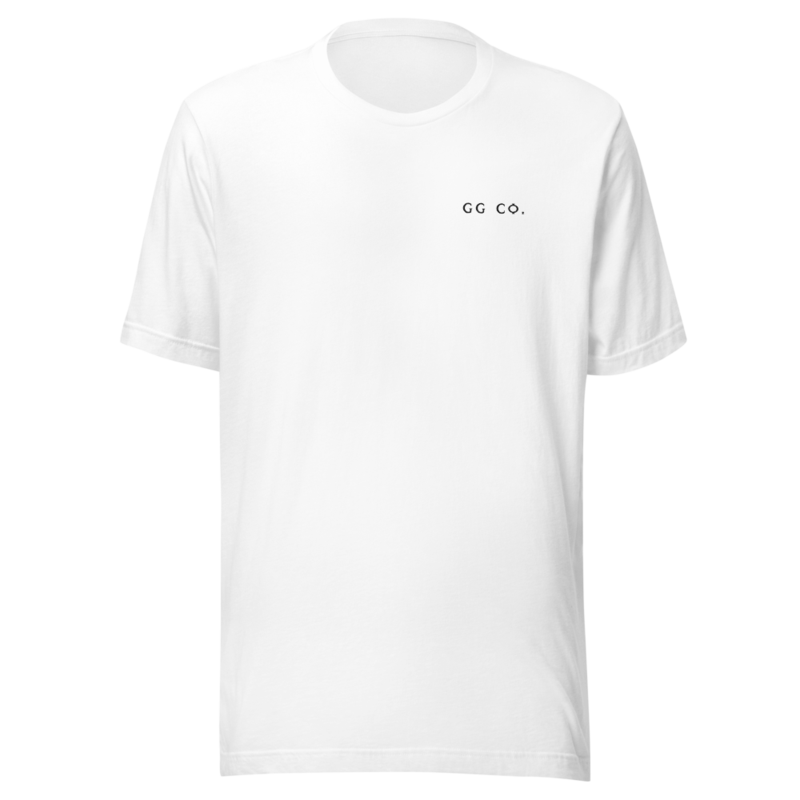 GG Co. nameonly embroidery, black thread — Bella+Canvas 3001 Tee — White — vendor mockup, provisional