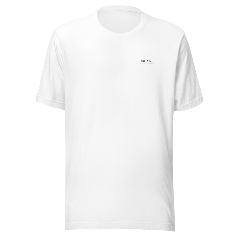 GG Co. typographic embroidery, black thread — Bella+Canvas 3001 Tee — White — vendor mockup, provisional