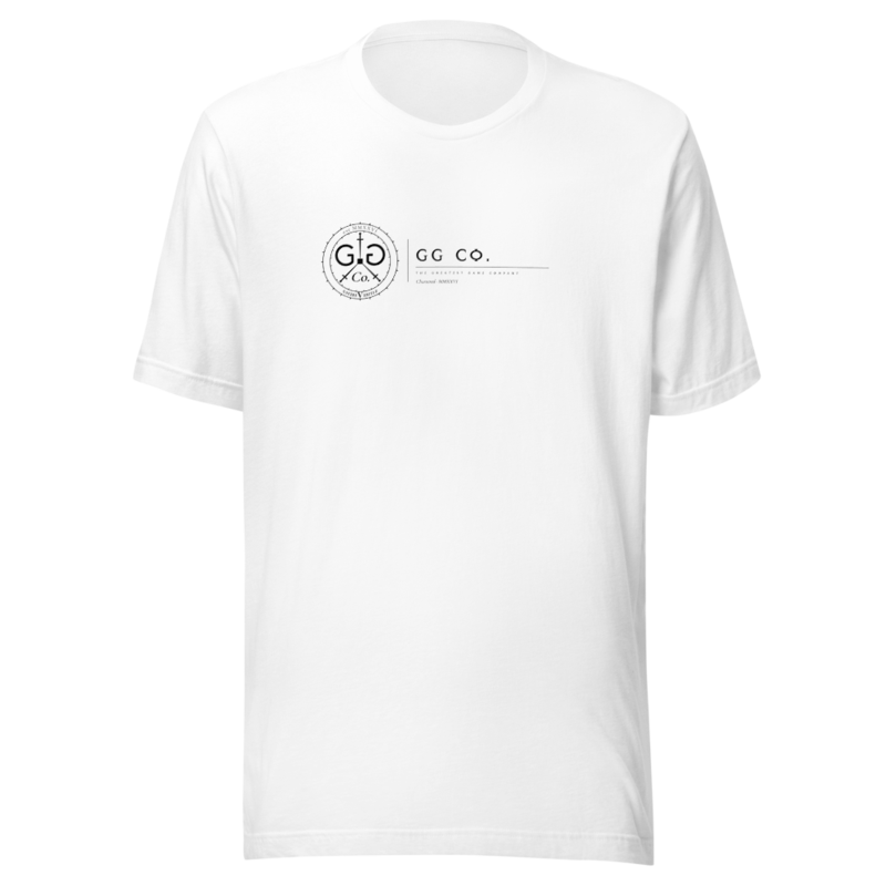 GG Co. lockup (black ink) — Bella+Canvas 3001 Tee — White — vendor mockup, provisional