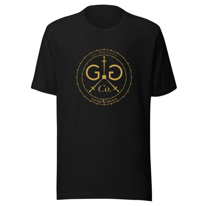 GG Co. seal-gold (antique gold) — Bella+Canvas 3001 Tee — Black — vendor mockup, provisional