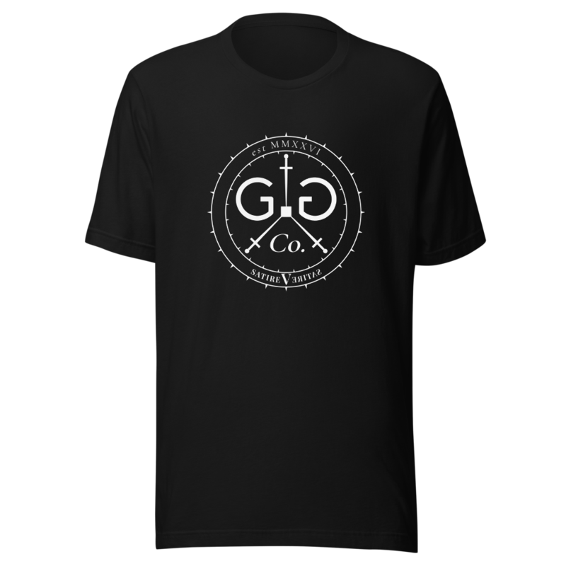 GG Co. seal-white (white ink) — Bella+Canvas 3001 Tee — Black — vendor mockup, provisional