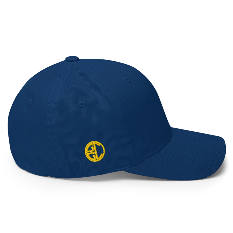 The Pablito Potamus Crest Cap — side view, on the Fitted Cap in Royal Blue