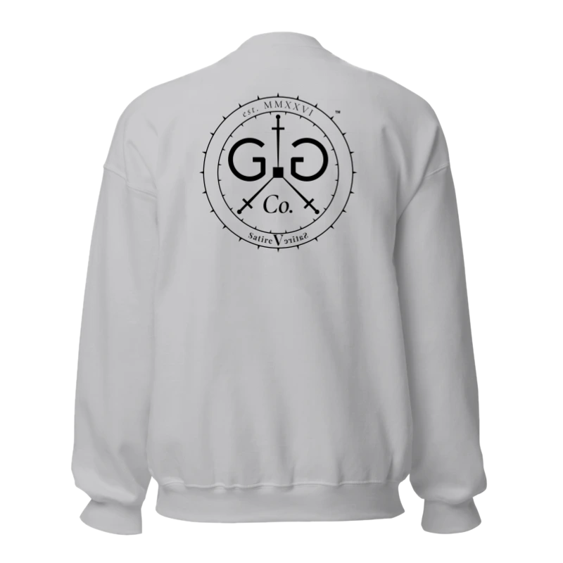 The Monogram & Seal Crewneck — Black Ink — back view, on the Crewneck in Sport Grey