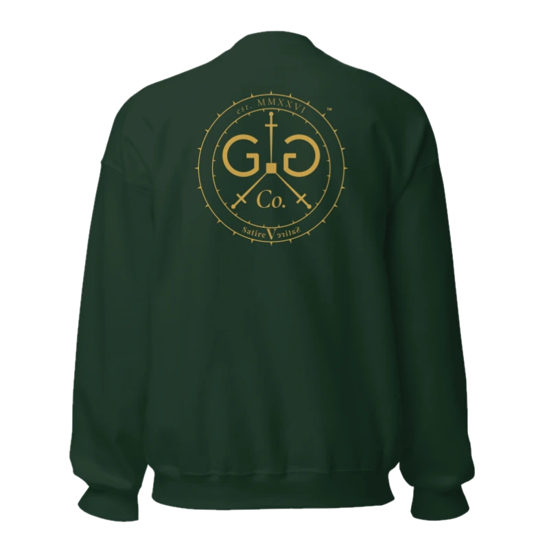 The Monogram & Seal Crewneck — Gold Ink — back view, on the Crewneck in Forest Green
