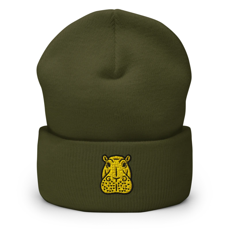 The Hippo Crest Beanie — shown on the Cuffed Beanie in Olive
