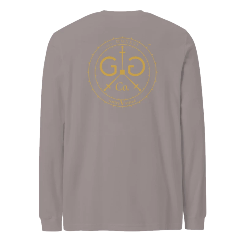 The Monogram & Seal Long Sleeve — Gold Ink — back view, on the Classic Long Sleeve in Storm