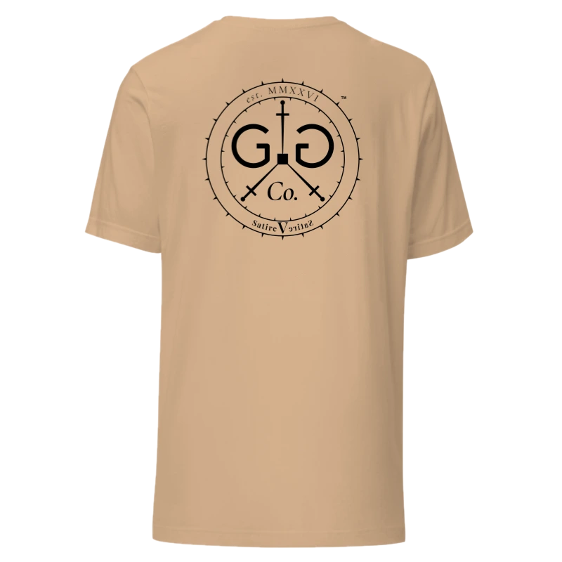 The Monogram & Seal Tee — Black Ink — back view, on the Classic Tee in Tan