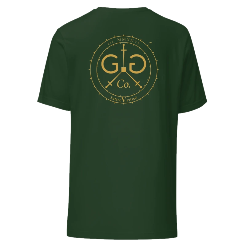 The Monogram & Seal Tee — Gold Ink — back view, on the Classic Tee in Forest